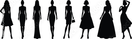 Silhouette women fashion dresses collection, elegant evening gowns, stylish cocktail outfits, trendy poses, handbag accessory, modern clothing illustration design