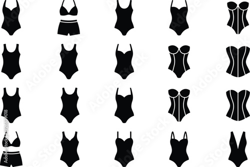 Women swimwear lingerie silhouette collection, bikinis, one-piece swimsuits, corsets, bodysuits, diverse fashion styles, elegant clothing illustration, modern design inspiration