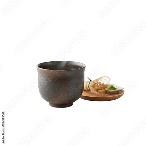 Isolated ceramic mugs on a white background feature a brown cup of coffee and a green cup of tea with cinnamon next to a clay breakfast bowl in a kitchen setting