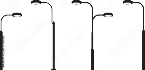 Street lamp silhouettes, modern curved pole light posts, outdoor lighting fixtures, lamppost designs with rounded heads, urban road illumination, black vector set, cityscape elements