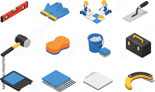 Isometric construction tools icons, level, gloves, tile workers, trowel, hammer, sponge, bucket, toolbox, flooring equipment, vector illustration set