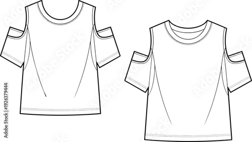 Flat vector CAD sketch of girls cold shoulder top, short sleeves, scoop neck, front and back view fashion illustration