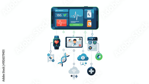 Infographic illustration of a smartwatch connecting to various health and technology devices with icons on a white background in a flat lay composition with blue tones.
