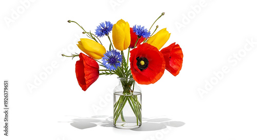 Colorful wildflower bouquet in glass vase with natural lighting, isolated on white background, studio view, floral arrangement concept
