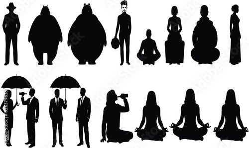 Collection of twelve diverse human silhouette illustrations featuring meditation, umbrellas, casual poses, and creative character designs for artistic themes