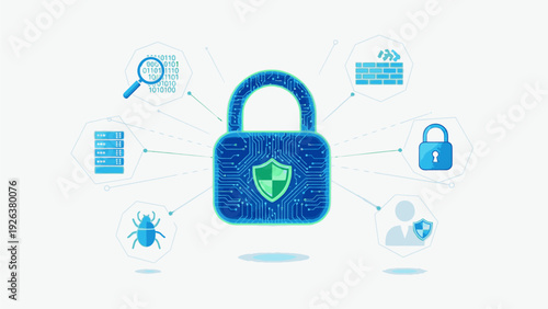 Flat lay illustration of a blue padlock with a green shield surrounded by security-related icons on a white background with a calming and secure mood.