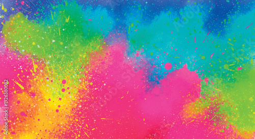 Vibrant neon powder splash background with multicolor paint dust gradient