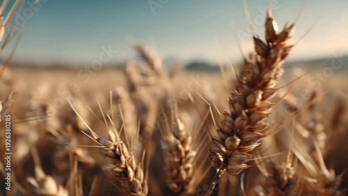 Golden wheat field with ripe ears of grain in a sunny landscape