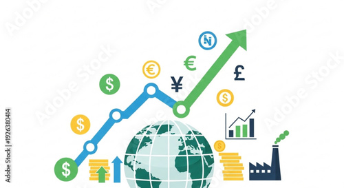 Global economic growth concept with rising graphs currency symbols and industrial icons around the earth