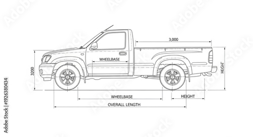 Pickup Truck Technical Drawing Side View.