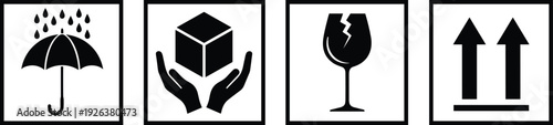 Black and white silhouette set of fragile handle with care keep dry and this way up packaging symbols for shipping,
