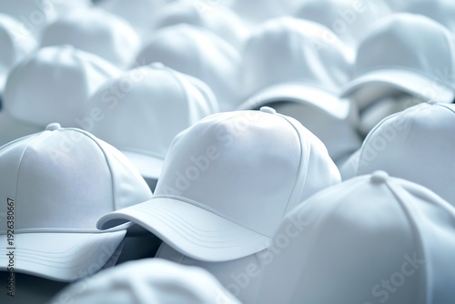 A multitude of white baseball caps arranged closely together creating a textured background.