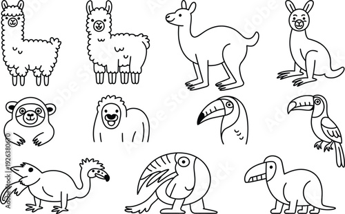Whimsical line drawing set of diverse animals: llamas, kangaroos, monkeys, toucans, and prehistoric birds, perfect for creative projects and children's themes.