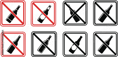Black and white no alcohol allowed sign with red and black prohibition symbols for public safety policy and notification icons,