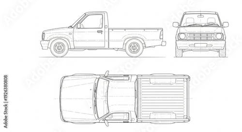 Pickup Truck Technical Drawing Views.