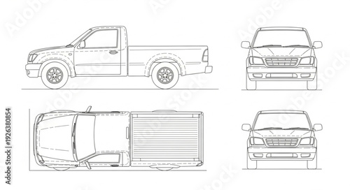 Pickup Truck Technical Drawing Views.