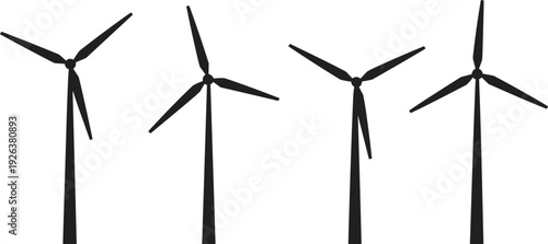 Wind turbine silhouettes, renewable energy windmills farm landscape, clean power generation towers, sustainable electricity production, black vector illustration set, eco friendly industry