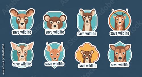 Cute wildlife stickers with save wildlife message for conservation