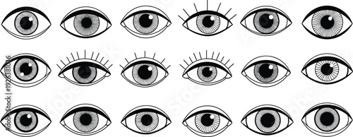 Black and white silhouette set of various human eye icons with different iris patterns and eyelashes for vision and optical,