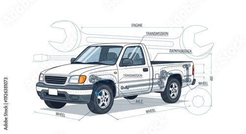 Pickup Truck Technical Drawing Illustration.