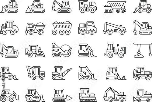 Construction vehicle icons set, excavator bulldozer dump truck crane loader outline, heavy machinery silhouettes, building equipment collection, black line art vector, industrial tools