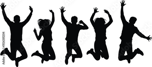 Black and white silhouette set of happy people jumping in the air for joy success celebration winning and active lifestyle,