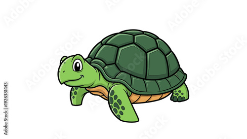 Cartoon illustration of a smiling green turtle with a dark green shell and orange underbelly on a white background.
