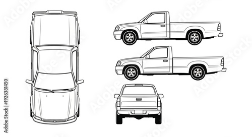 Pickup Truck Technical Drawing Illustration.