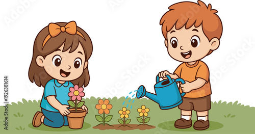 Cute kids planting and watering flowers, gardening activity cartoon vector illustration isolated on white background