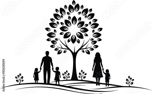 Black and white silhouette of a family with children standing under a large leafy tree for life insurance and growth,