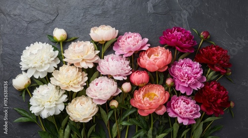 Beautiful Peonies Floral Arrangement on Dark Stone Background