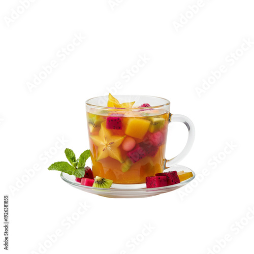 Tropical fruit tea colorful in a transparent glass mug isolated on a white background for a healthy breakfast beverage