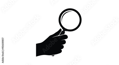 A black silhouette of a hand holding a magnifying glass silhouette