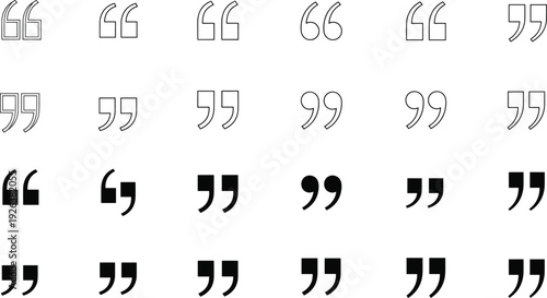 Black and white quotation marks icon set featuring various speech bubble punctuation styles for editorial design text layout and communication,