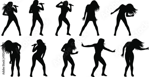 Female singer silhouette set, woman performing on stage with microphone, pop music vocalist, rock artist dancing, flavector, isolated background, vector.