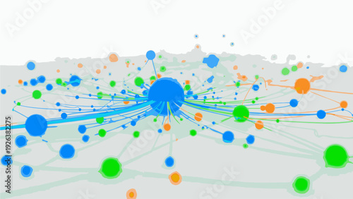 Network visualization with interconnected nodes and lines in blue, green, and orange hues on a light gray background.