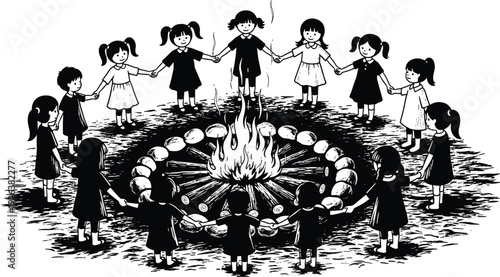 Black and white illustration of a group of young girls holding hands in a circle around a glowing outdoor campfire,