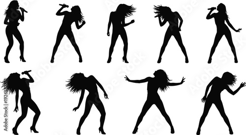 Female singer silhouette set, woman performing on stage with microphone, pop music vocalist, rock artist dancing, flavector, isolated background, vector.