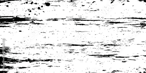 Abstract black and white grunge texture overlay Distressed wood grain effect vector background with ink splatters, scratches, and vintage rustic surface pattern