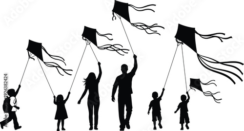 Happy family flying kites silhouette, group of parents and children playing together, outdoor summer fun, childhood joy, flavector, isolated background.