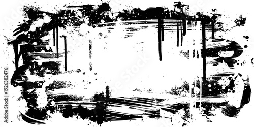 Black Grunge Frame Vector Border with Paint Splatters and Dripping Ink Texture Distressed Brush Stroke Background Element