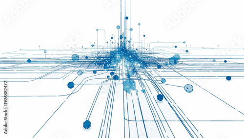 Abstract network visualization with blue lines and nodes on a white background, showcasing interconnected pathways and data flow in a futuristic and technological representation.