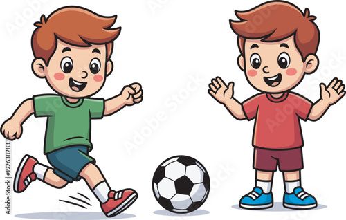 Happy little boys playing soccer together, cute cartoon kids with football vector illustration