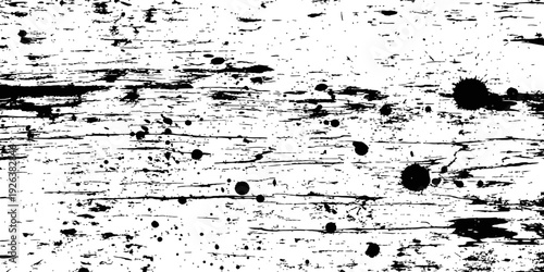 Distressed black and white wood grain vector texture with ink splatters and grunge scratches