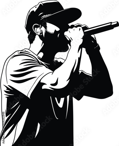  Male singer performing on stage silhouette, rapper holding microphone, musician artist in cap, hip hop performance, music concert, flavector, isolated.