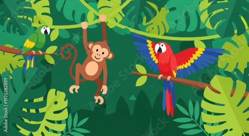 Playful monkey and colorful parrots in lush jungle foliage