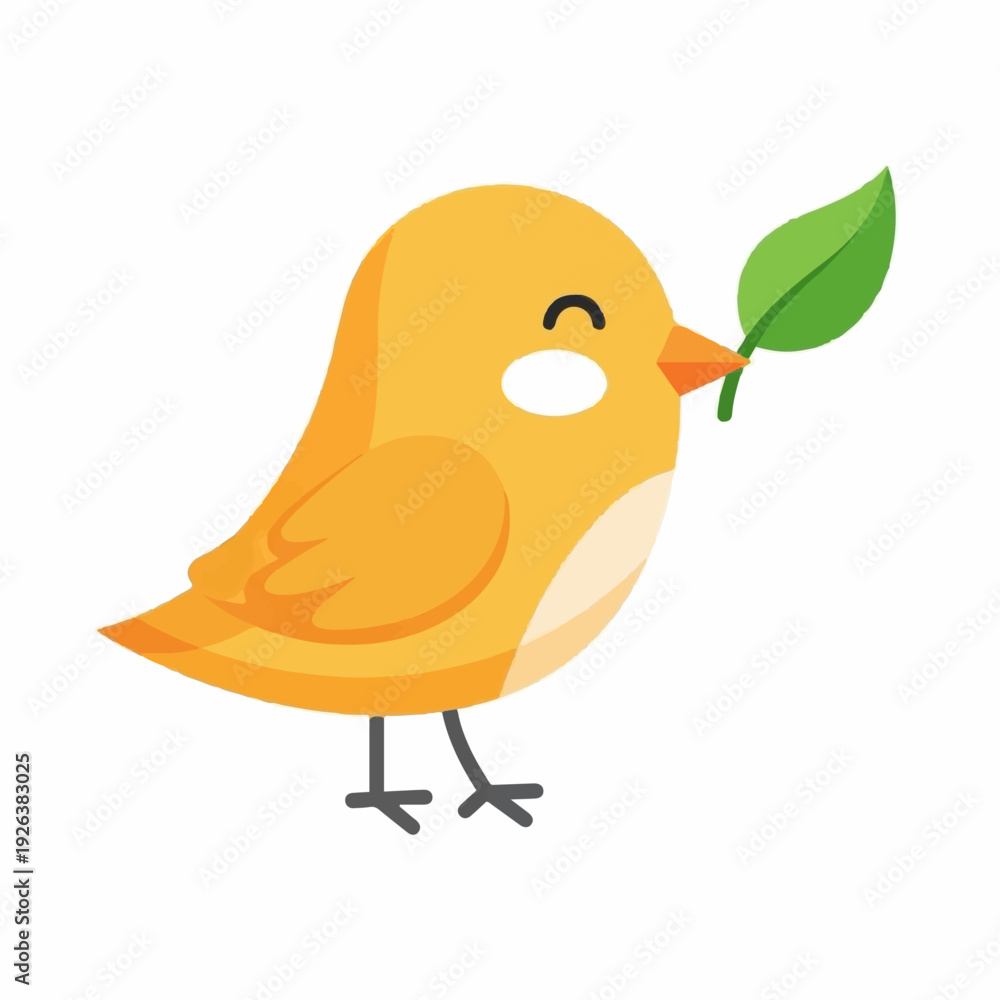 Fototapeta premium Cute yellow cartoon bird holding a fresh green leaf in its beak symbolizes nature and springtime joy.