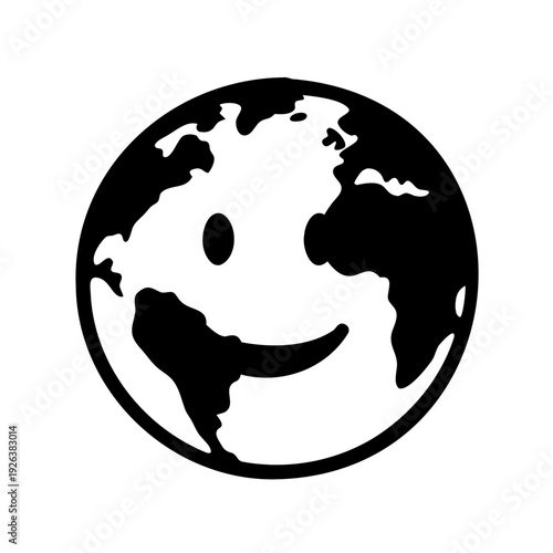 Simple black and white illustration of smiling earth globe map