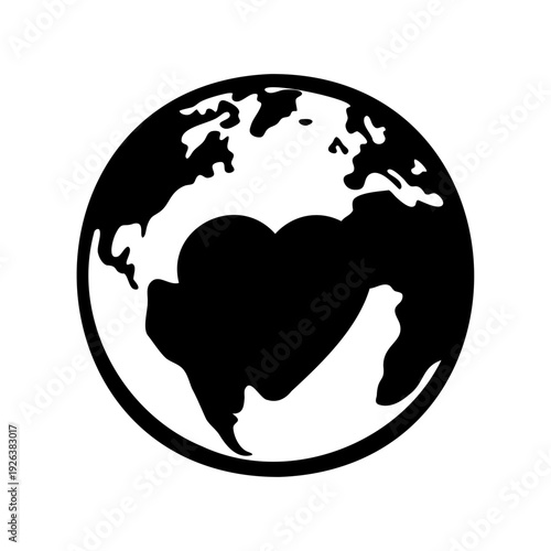 Stylized black and white earth globe with heart shaped continent illustration