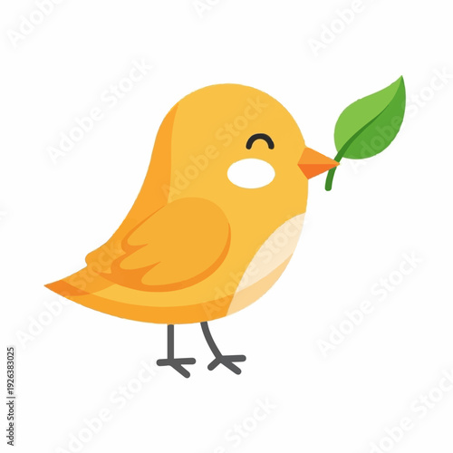 Cute yellow cartoon bird holding a fresh green leaf in its beak symbolizes nature and springtime joy.